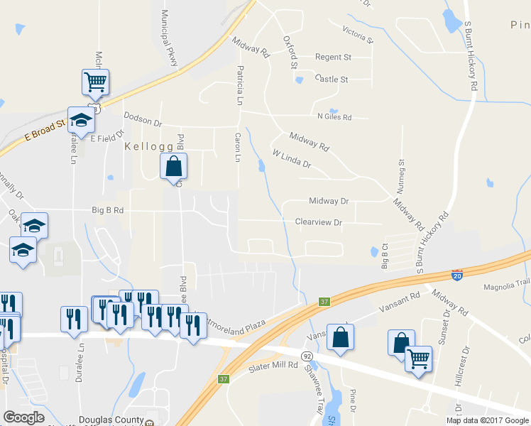 map of restaurants, bars, coffee shops, grocery stores, and more near 4340 Clearview Drive in Douglasville