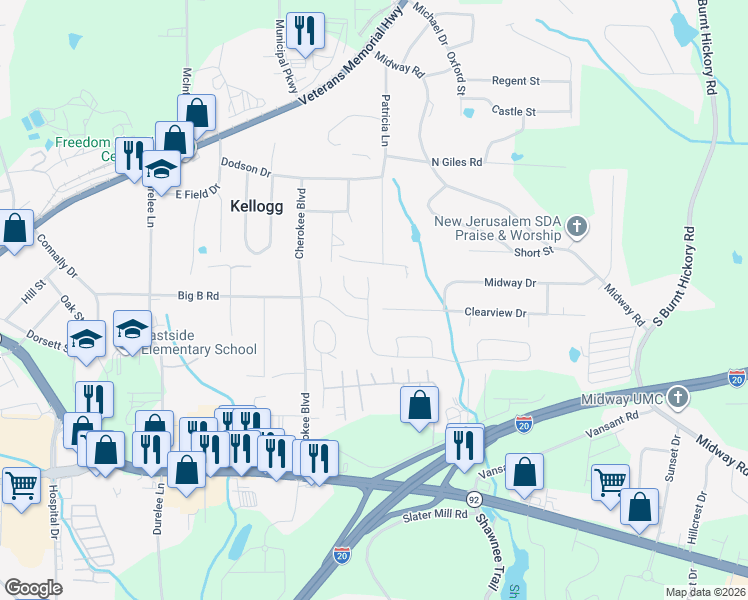 map of restaurants, bars, coffee shops, grocery stores, and more near 5414 Somer Mill Road in Douglasville
