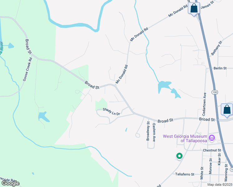 map of restaurants, bars, coffee shops, grocery stores, and more near 460 Broad Street in Tallapoosa