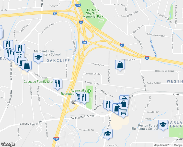 map of restaurants, bars, coffee shops, grocery stores, and more near 108 Delmoor Drive Northwest in Atlanta