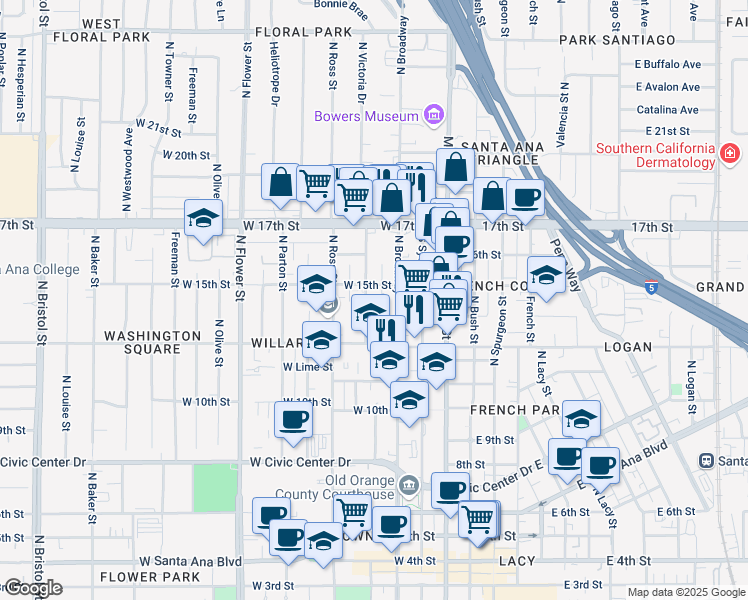 map of restaurants, bars, coffee shops, grocery stores, and more near 1415 North Durant Street in Santa Ana