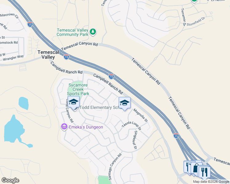 map of restaurants, bars, coffee shops, grocery stores, and more near 11164 Pinecone Street in Corona