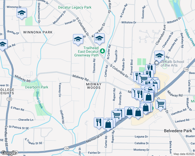 map of restaurants, bars, coffee shops, grocery stores, and more near 1268 Thomas Road in Decatur