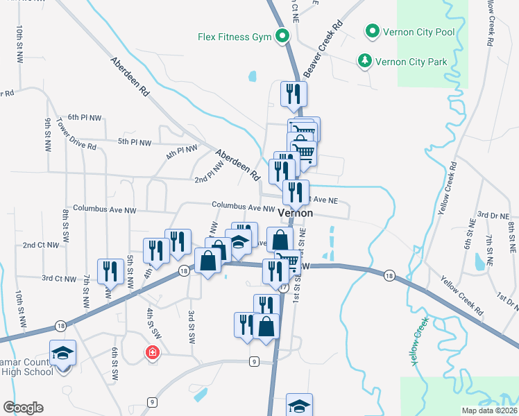 map of restaurants, bars, coffee shops, grocery stores, and more near 264 Columbus Avenue Northwest in Vernon