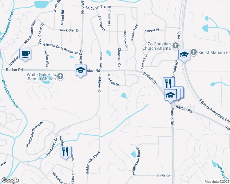 map of restaurants, bars, coffee shops, grocery stores, and more near 5220 Sweet Air Lane in Stone Mountain