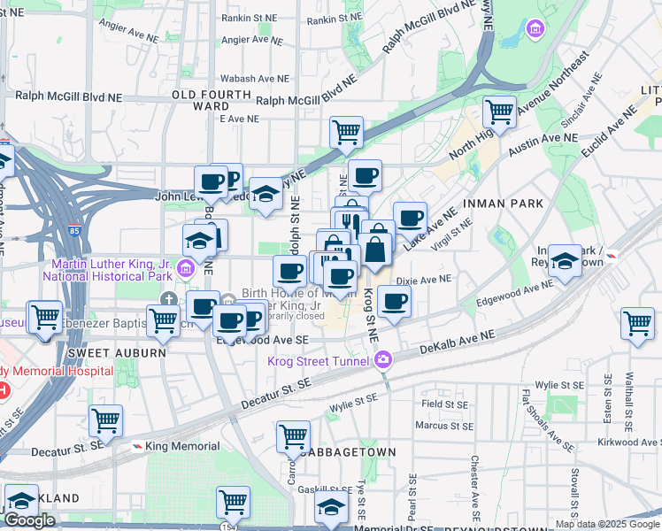 map of restaurants, bars, coffee shops, grocery stores, and more near 631 Irwin Street Northeast in Atlanta