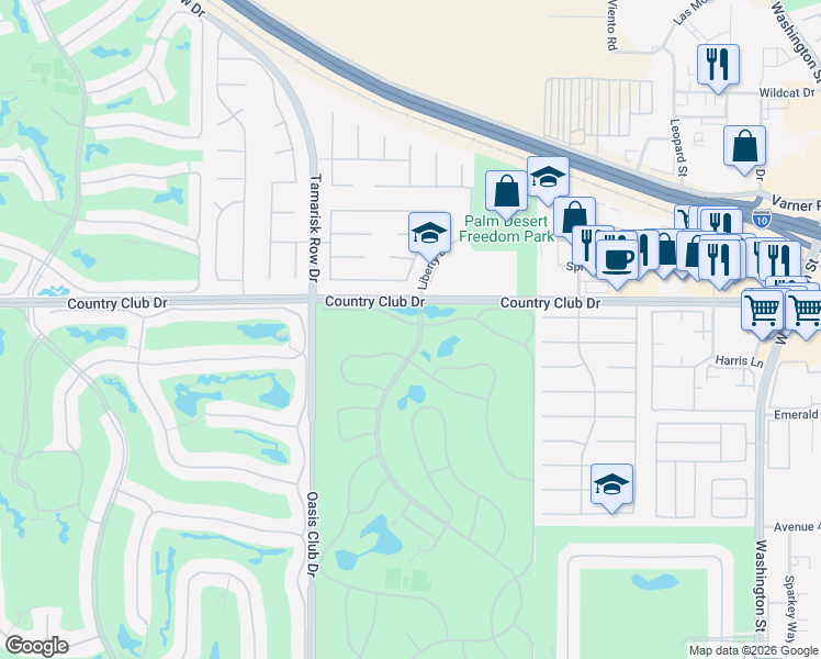 map of restaurants, bars, coffee shops, grocery stores, and more near 77225 Preston Trail in Palm Desert