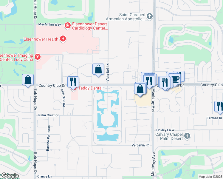 map of restaurants, bars, coffee shops, grocery stores, and more near 172 Lakeshore Drive in Rancho Mirage