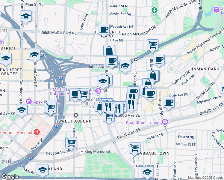 map of restaurants, bars, coffee shops, grocery stores, and more near 110 Hogue Street Northeast in Atlanta