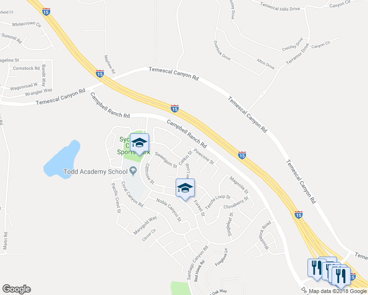 map of restaurants, bars, coffee shops, grocery stores, and more near 11113 Pinecone Street in Corona