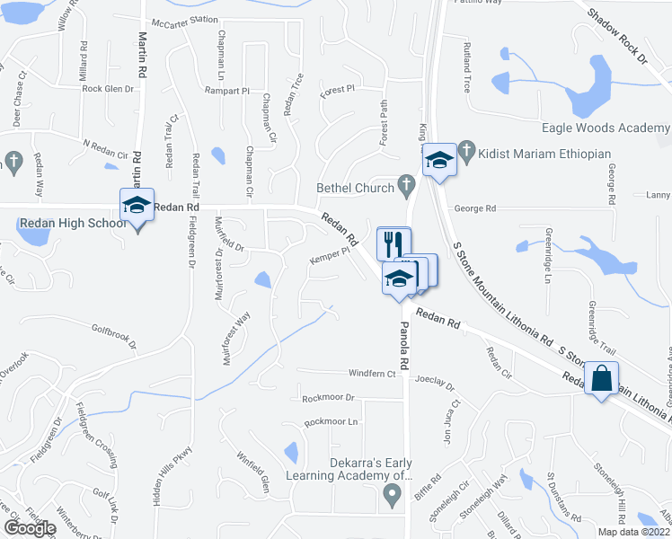 map of restaurants, bars, coffee shops, grocery stores, and more near 5387 Whitney Court in Stone Mountain