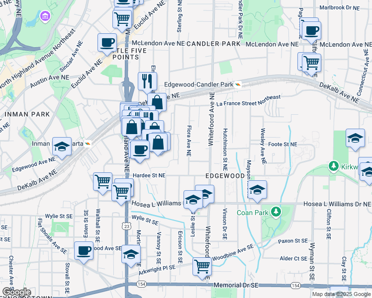 map of restaurants, bars, coffee shops, grocery stores, and more near 136 Flora Avenue Northeast in Atlanta