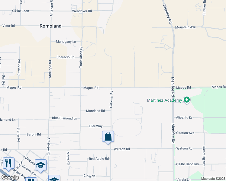 map of restaurants, bars, coffee shops, grocery stores, and more near 28521 Mapes Road in Menifee