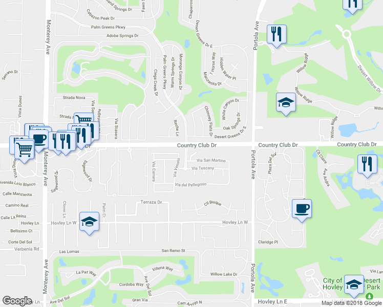 map of restaurants, bars, coffee shops, grocery stores, and more near 2801 Via Calderia in Palm Desert