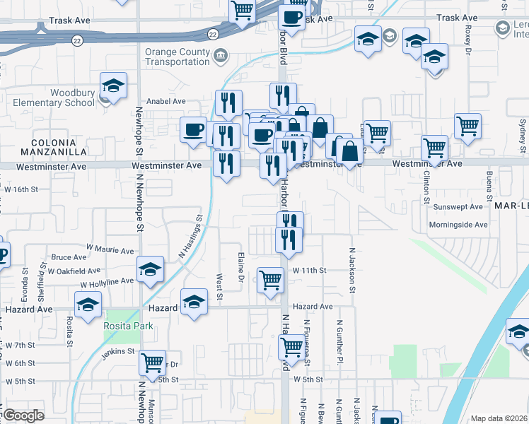 map of restaurants, bars, coffee shops, grocery stores, and more near 1416 North Harbor Boulevard in Santa Ana