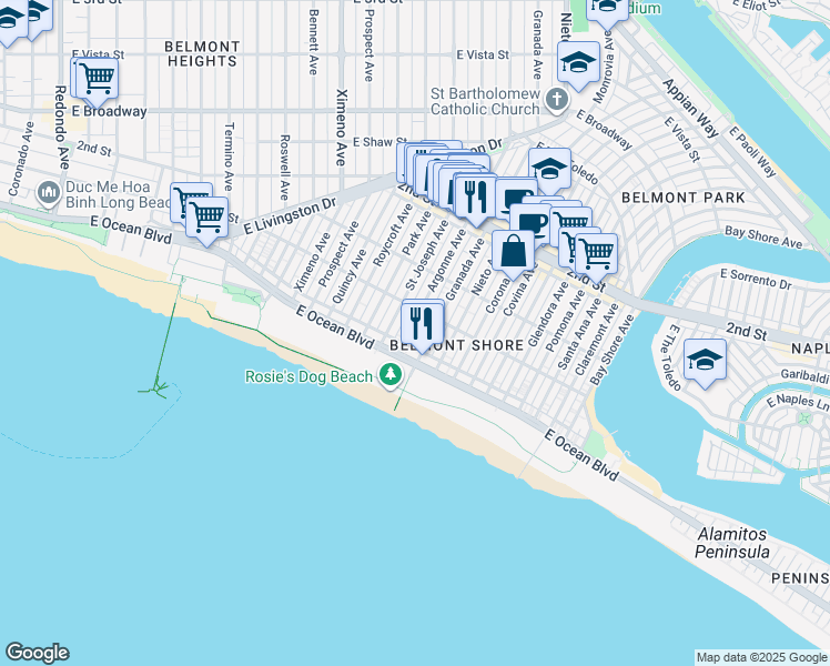 map of restaurants, bars, coffee shops, grocery stores, and more near 60 Argonne Avenue in Long Beach