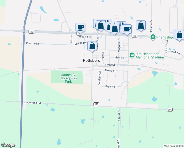map of restaurants, bars, coffee shops, grocery stores, and more near 605 Grayson Street in Pottsboro