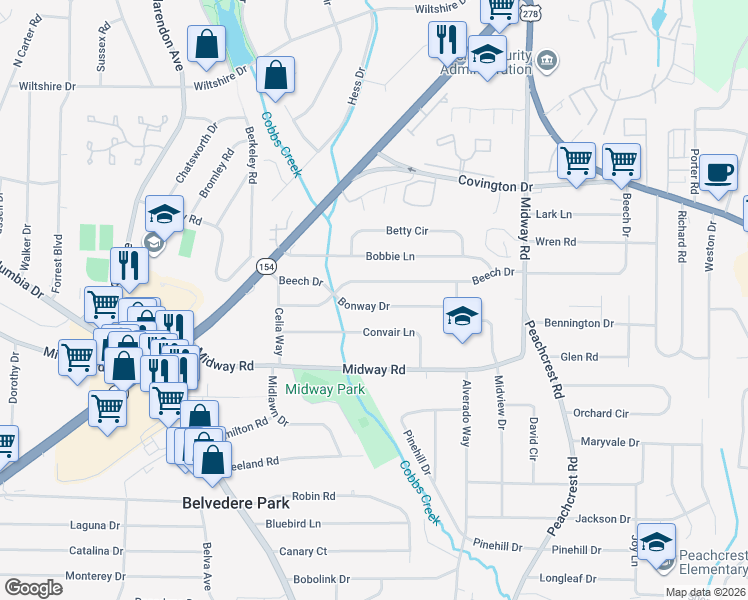 map of restaurants, bars, coffee shops, grocery stores, and more near 3218 Bonway Drive in Decatur