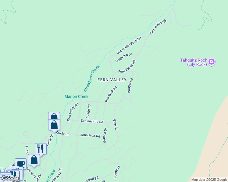 map of restaurants, bars, coffee shops, grocery stores, and more near 25106 Rim Rock Road in Idyllwild-Pine Cove