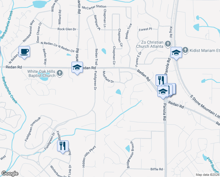 map of restaurants, bars, coffee shops, grocery stores, and more near 5225 Sweet Air Lane in Stone Mountain