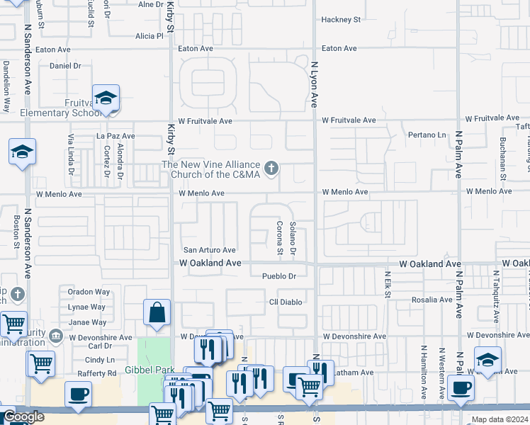 map of restaurants, bars, coffee shops, grocery stores, and more near 1994 Flores Street in Hemet