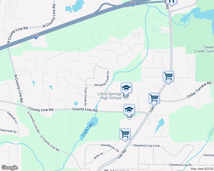 map of restaurants, bars, coffee shops, grocery stores, and more near 2605 Winding Creek Drive in Lithia Springs