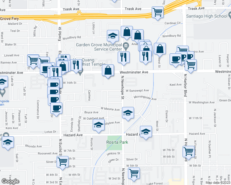 map of restaurants, bars, coffee shops, grocery stores, and more near 4522 West Sunswept Avenue in Santa Ana