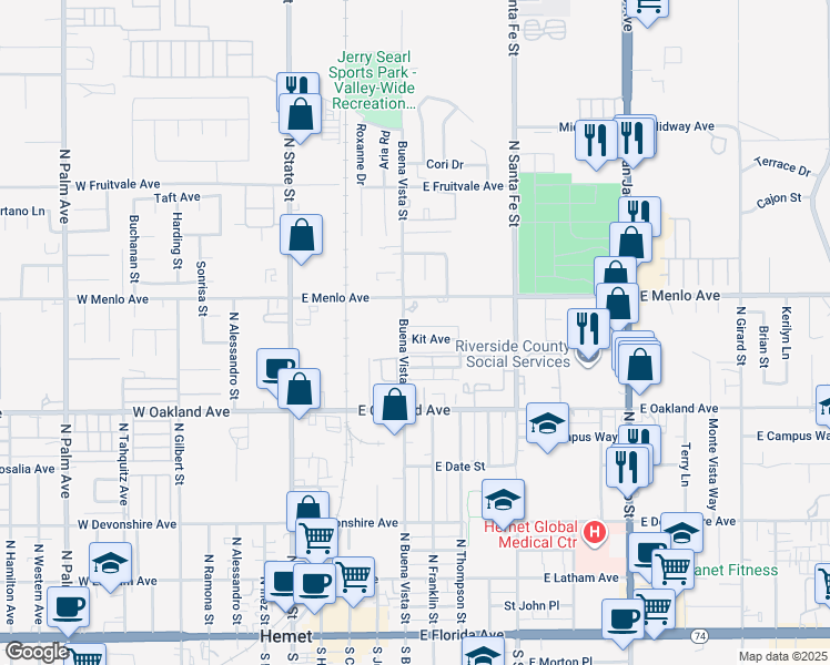 map of restaurants, bars, coffee shops, grocery stores, and more near 520 Kit Avenue in Hemet