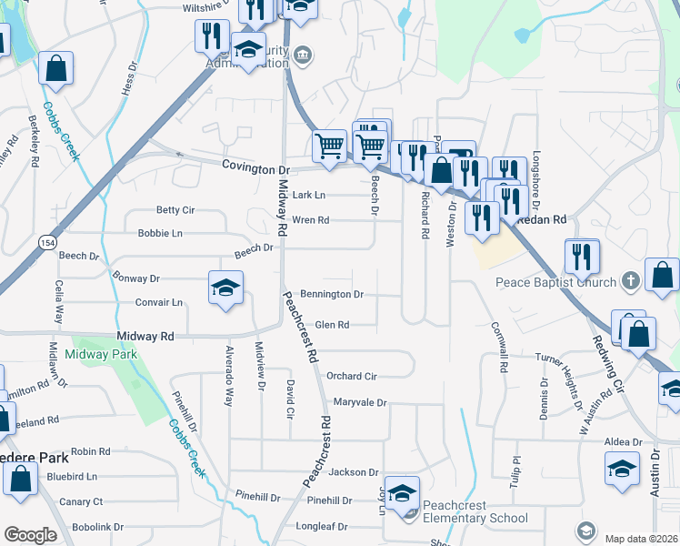 map of restaurants, bars, coffee shops, grocery stores, and more near 4242 Timber Valley Court in Decatur