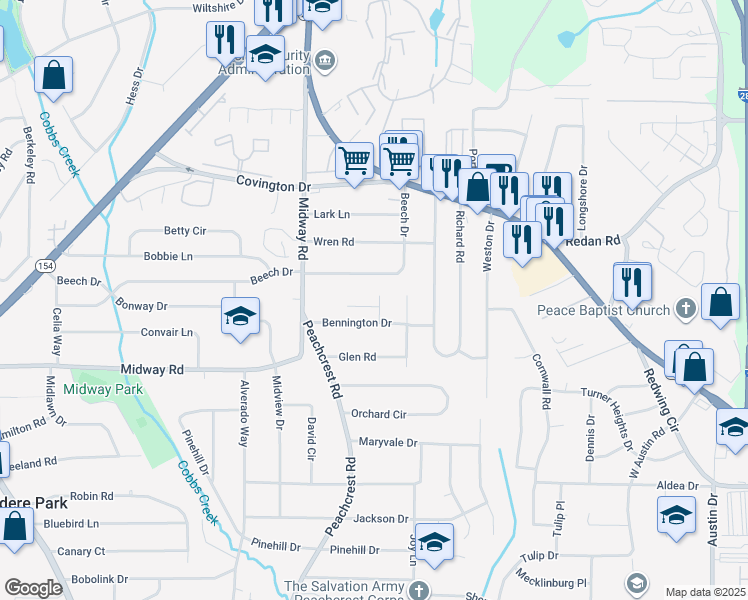 map of restaurants, bars, coffee shops, grocery stores, and more near 4236 Timber Valley Court in Decatur