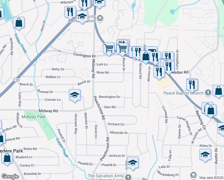 map of restaurants, bars, coffee shops, grocery stores, and more near 4236 Timber Valley Court in Decatur