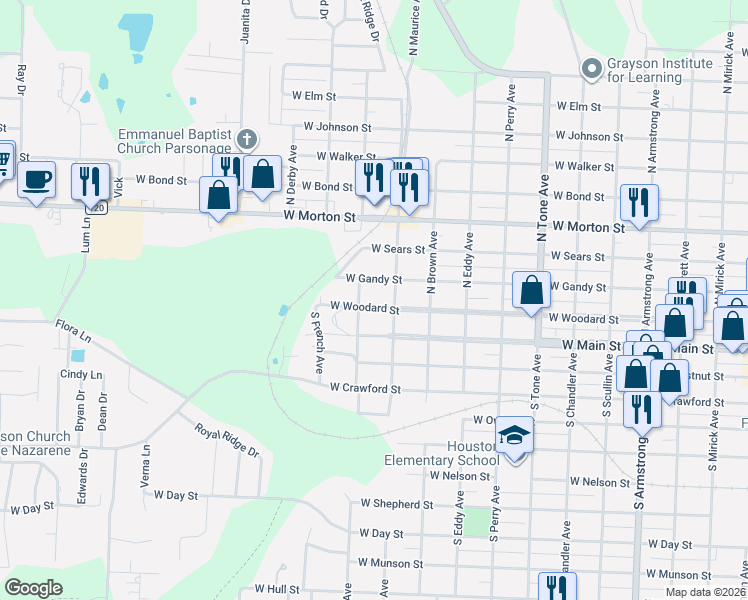 map of restaurants, bars, coffee shops, grocery stores, and more near 1527 West Woodard Street in Denison