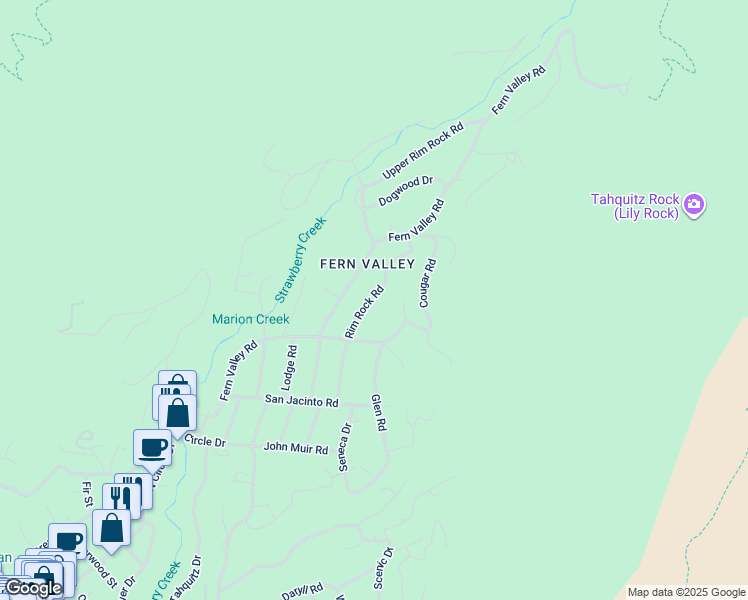 map of restaurants, bars, coffee shops, grocery stores, and more near 25106 Rim Rock Road in Idyllwild-Pine Cove