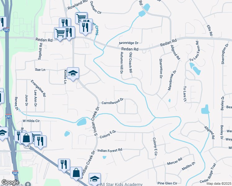 map of restaurants, bars, coffee shops, grocery stores, and more near 4215 Teakwood Court in Stone Mountain
