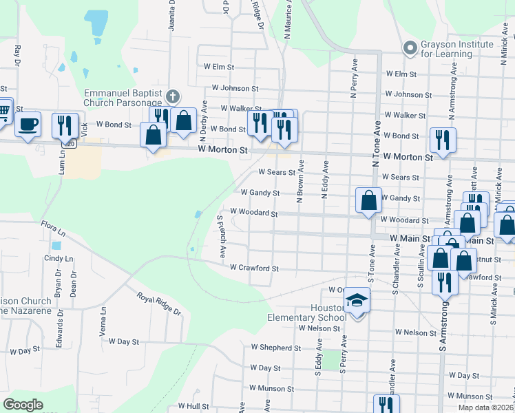 map of restaurants, bars, coffee shops, grocery stores, and more near 1527 W Woodard St in Denison