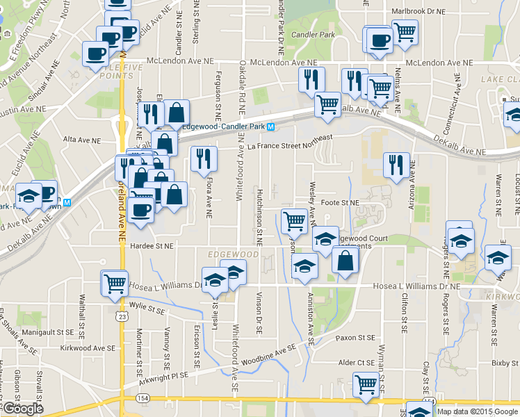map of restaurants, bars, coffee shops, grocery stores, and more near Hutchinson St NE & Chipley St NE in Atlanta