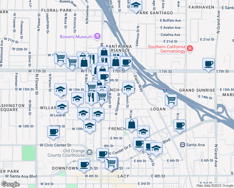 map of restaurants, bars, coffee shops, grocery stores, and more near 1424 North Spurgeon Street in Santa Ana