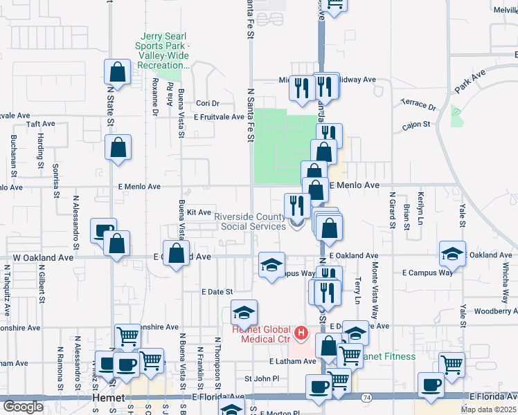 map of restaurants, bars, coffee shops, grocery stores, and more near 642 North Santa Fe Street in Hemet
