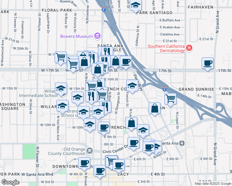 map of restaurants, bars, coffee shops, grocery stores, and more near 1416 North Spurgeon Street in Santa Ana