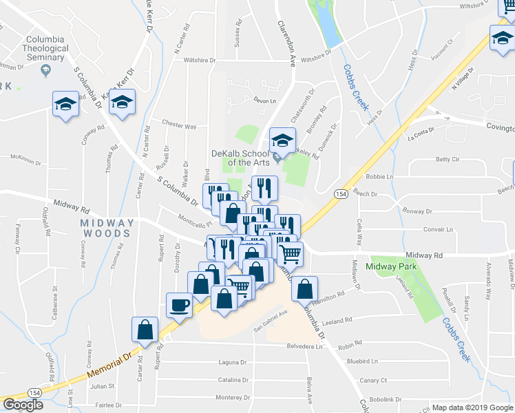 map of restaurants, bars, coffee shops, grocery stores, and more near 3580 Memorial Drive in Decatur