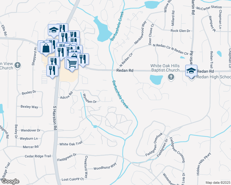 map of restaurants, bars, coffee shops, grocery stores, and more near 4919 Fenbrook Dr in Stone Mountain