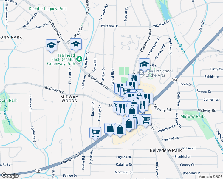 map of restaurants, bars, coffee shops, grocery stores, and more near 1250 Forrest Boulevard in Decatur
