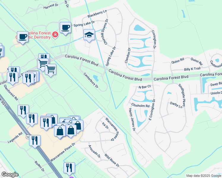 map of restaurants, bars, coffee shops, grocery stores, and more near 335 Marigold Drive in Myrtle Beach