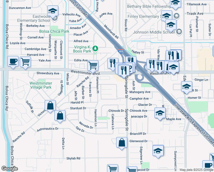 map of restaurants, bars, coffee shops, grocery stores, and more near 5822 Lancashire Avenue in Westminster