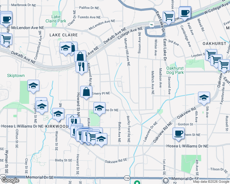 map of restaurants, bars, coffee shops, grocery stores, and more near 171 Rockyford Road Northeast in Atlanta