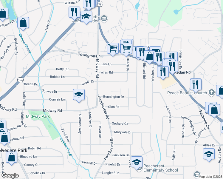 map of restaurants, bars, coffee shops, grocery stores, and more near 4228 Timber Valley Court in Decatur