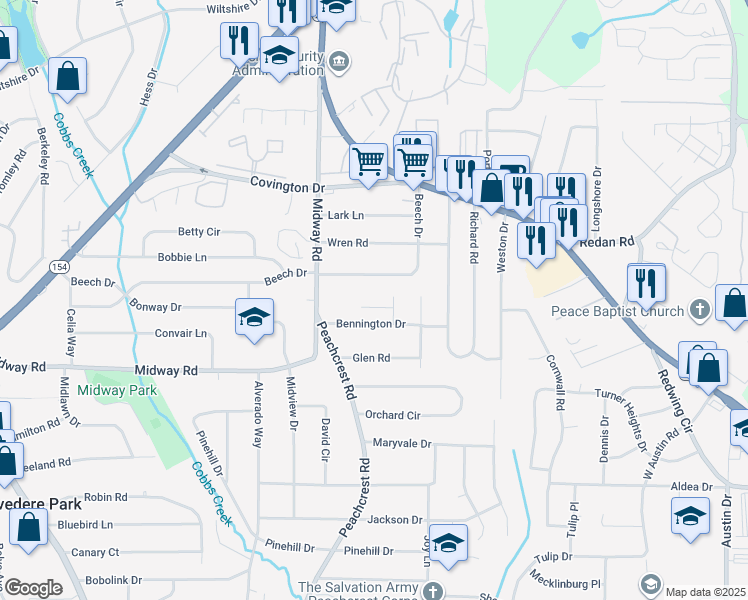 map of restaurants, bars, coffee shops, grocery stores, and more near 4236 Timber Valley Court in Decatur