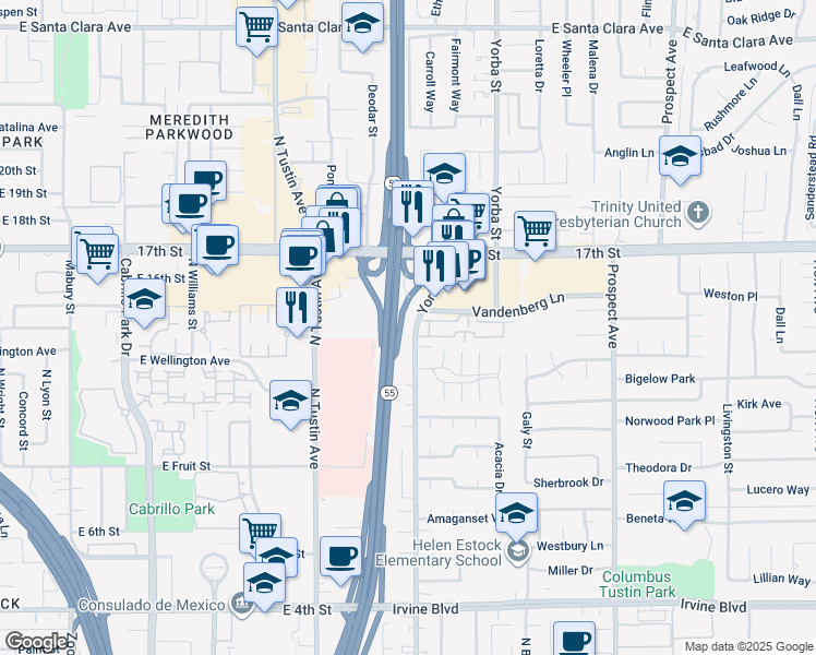 map of restaurants, bars, coffee shops, grocery stores, and more near Costa Mesa Fwy in Santa Ana