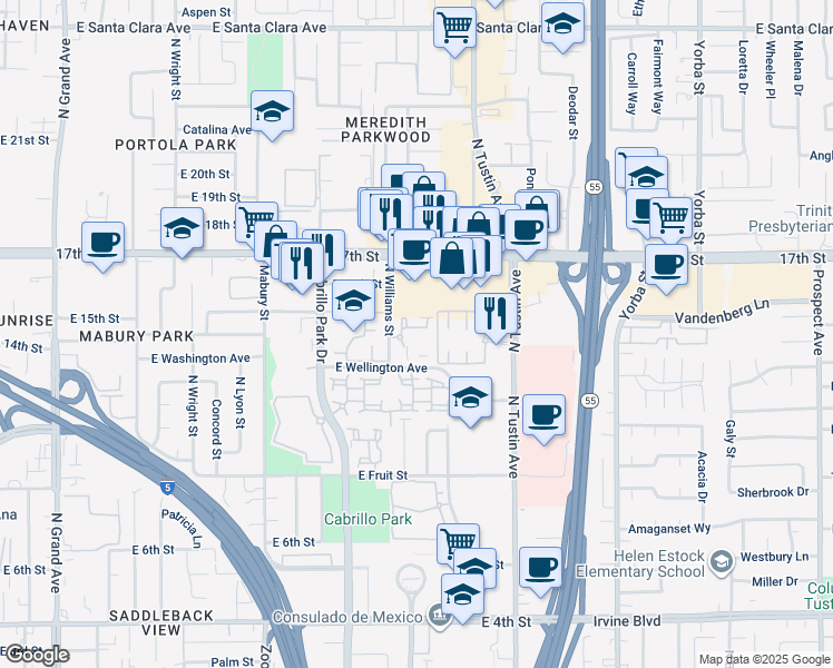 map of restaurants, bars, coffee shops, grocery stores, and more near 2133 Barclay Court in Santa Ana