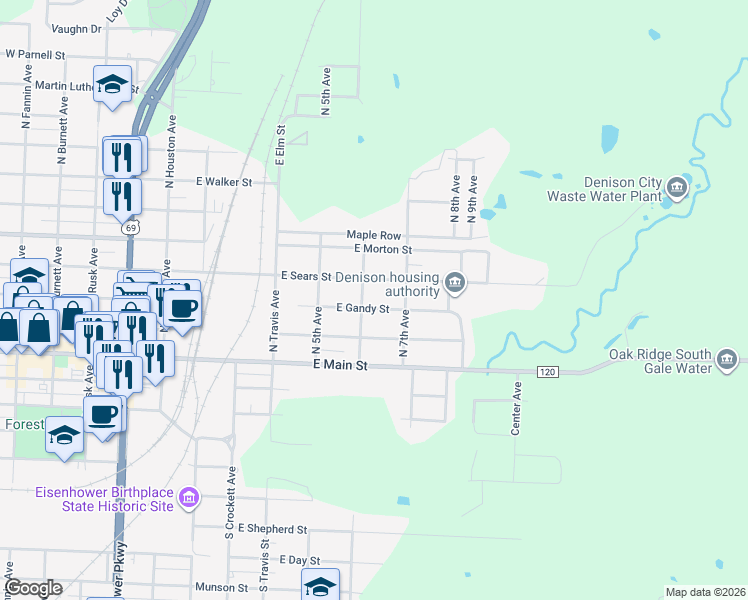 map of restaurants, bars, coffee shops, grocery stores, and more near 601 East Gandy Street in Denison